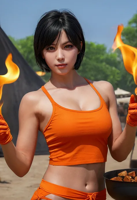 masterpiece, The best quality, highest qualityr, photorealistic, Perfect anatomy, perfect face, Perfect eyes, orange bandana, pandballgt, 1girl, black eyes, black hair, short hair, orange bikini, pants, Gloves without fingers, Red shirt, Crop above, outdoo...