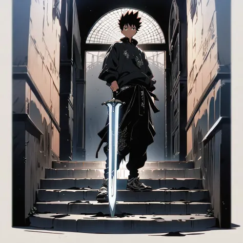 solo boy,teenagers,red spiked hair,full body,background like the one written in ink,He holds the hilt of the sword on his waist and steps on one foot,hand righting style,anime style,masterpiece,best quality,ultra-detailed, illustration, detailed light,an e...