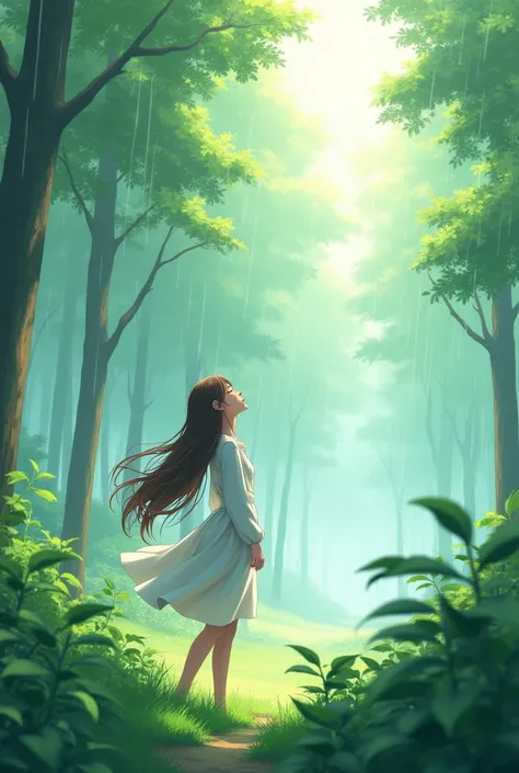 Create a anime style landscape image. Digital anime featuring a serene forest scene with a young woman as the central subject. The layout is vertical, with the woman positioned slightly off-center to the right. She has long, flowing brown hair and fair ski...