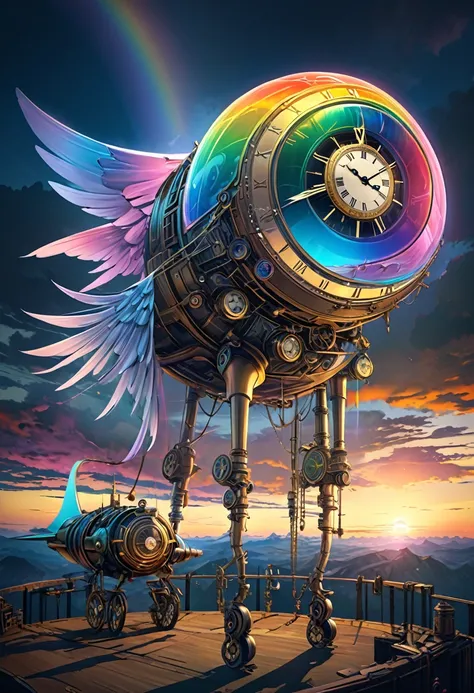 Rainbow colors、Rainbow colorsの機械式空飛ぶクジラ, steampunk, Dieselpunk, Clockpunk, Mysterious color scheme, Twilight light effect, Conceptual installation fantasy art, 2.5D, delicate and dynamic、16K, Ultra-high resolution, Ultra-high resolution, to be born,wonderf...