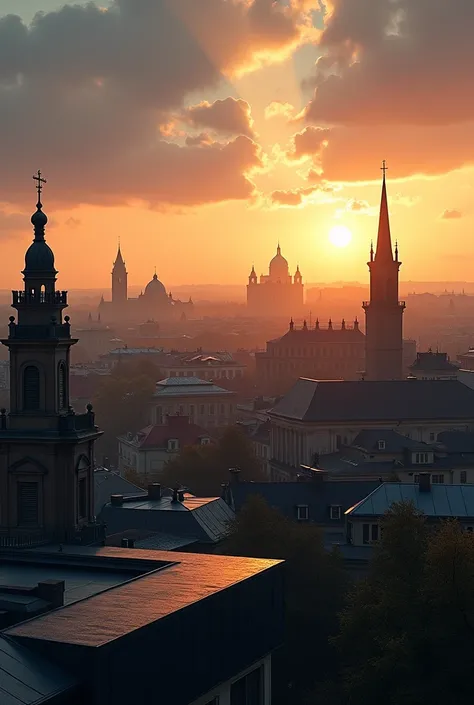 Create a picture from the roof overlooking the city of Berlin at sunset, without people without writing, a bit old-fashioned ￼