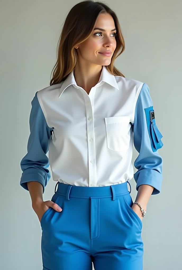 Fashionable youth women&#39;s uniform with a white shirt with details and cargo pocket on the left sleeve in cyan blue and folded sleeve cuffs in cyan blue fashion three-quarter cargo-style sleeves and high-waisted cyan blue pants in the same shade as the ...