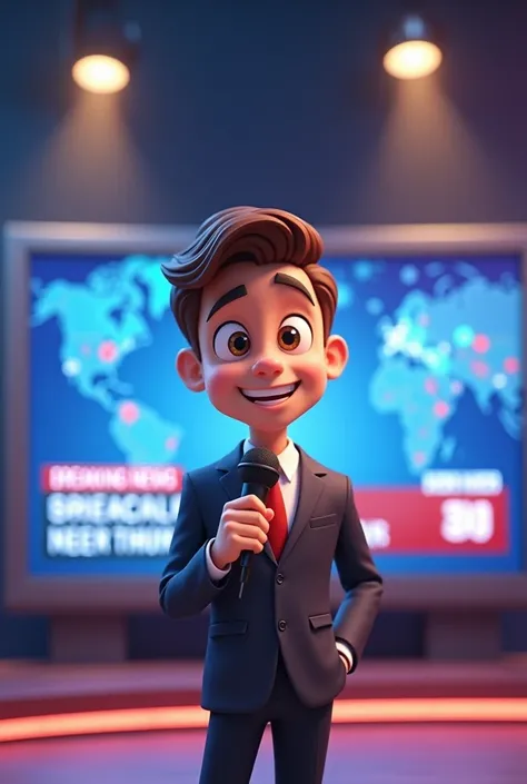 You create an animated cartoon of a reporter and a television behind it 