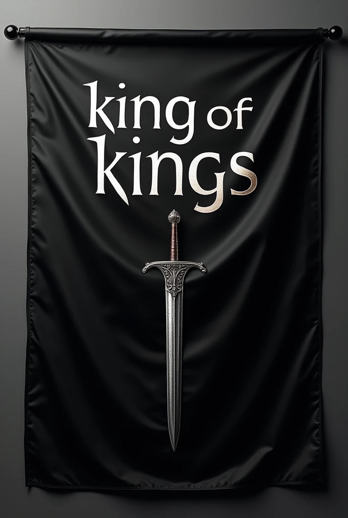 Create a flag with black background and white text "KING OF KINGS " in arabic  .make a sword under the title like Saudia 