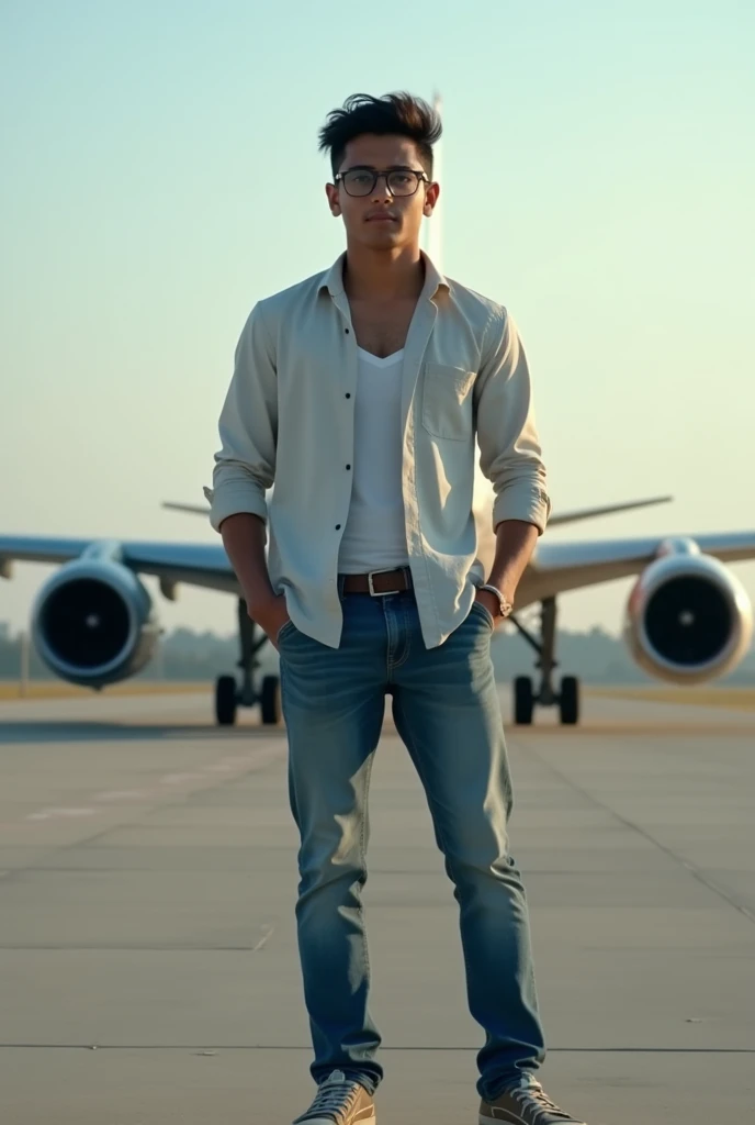 20 year old Indian boy wearing normal dress and glasses posing for aeroplane in background