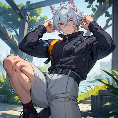 highest quality,masterpiece　surprised expression,raised to be sexy, 　gray hair　cat ear　violet eyes　ripped grey trousers　electric...