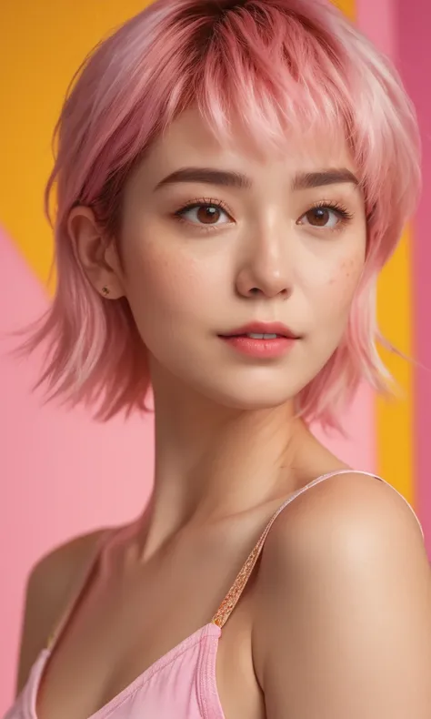 (masterpiece,best quality, ultra realistic,32k,RAW photo,detail skin, 8k uhd, dslr,high quality, film grain:1.1), short hair , pink hair hair:1.1,portrait,lady, brown eyes, DayGlo yellow Pajama pants and tank top, exposed armpits, freckles, (Rust gradient ...