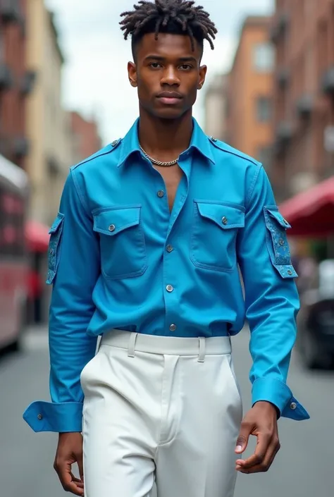 Fashionable youth men&#39;s uniform with cyan blue shirt with details and cargo pocket on the sleeves and white high-waisted palazzo-style pants with darts
