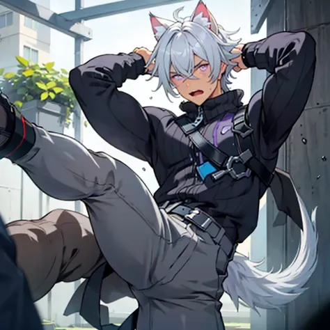 highest quality,masterpiece　surprised expression,raised to be sexy, 　gray hair　cat ear　violet eyes　ripped grey trousers　electric...