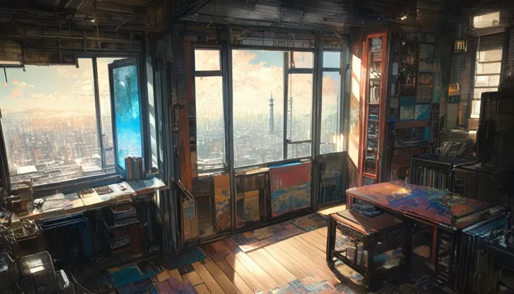 Super detailed:1.3, (Absurd, texture, masterpiece), pixiv Contest Winner, John Berkey, Dynamic cartoon style illustrations,Oversized T-shirt、stand lighting、Colored pencil style、ヘッドフォンを着hairた2人のがベッドに座ってビデオゲームをプレイしているアニメの寝室のシーン,Room with window、High precisio...