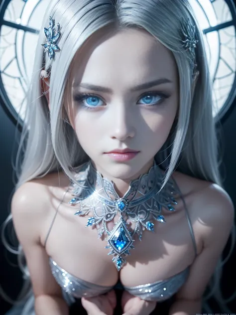 8k, (full body shot:1.4), 20-year-old Swedish girl, raw, Beautiful woman, (straight gray hair), Crystal-encrusted girl, sexy poses, The white skin is inlaid with transparent crystal, ((lens)), The structure is made of crystals, Hourglass body, intricate, b...