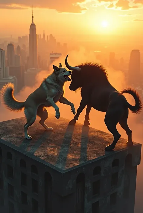 Dog fight with bull on the top of the building at sunrise in pubg 
