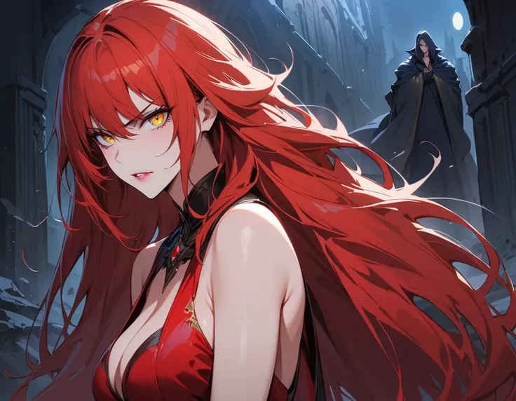 Long red hair, yellow eyes, evil, sexy, black and red clothes, tied hair, cute hairstyle, evil face, evil, serious look, gloss lips, sit, sinister, front look, bloody, gloves, beautiful eyes, short dress, big white, dark place, night, sensual, straigh hair...