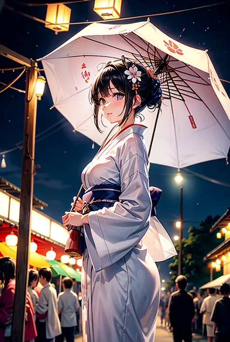 Wearing a bright white yukata on a summer night。The yukata features a delicate morning glory pattern.、Her soft white skin was exposed after being soaked by a sudden rain shower.、She is at the summer festival at night、Standing under the dim light of a lante...