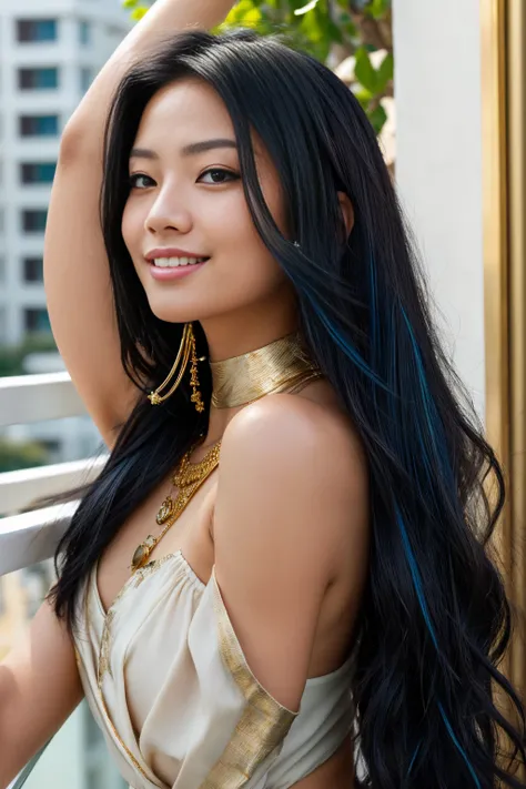 arafed woman with long black hair with deep blue highlights on a small balcony with flowers and sunshine, flowing black hair, with black hair, photo of a beautiful woman, long flowing black hair, black golden hair, curly black hair, beautiful young asian w...