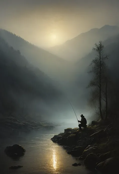 painting of a fishing on a mountain river early in the morning in the fog, dark atmosphere, cinematic scene, volumetric lights, ultra realistic, in the style of nicola samori