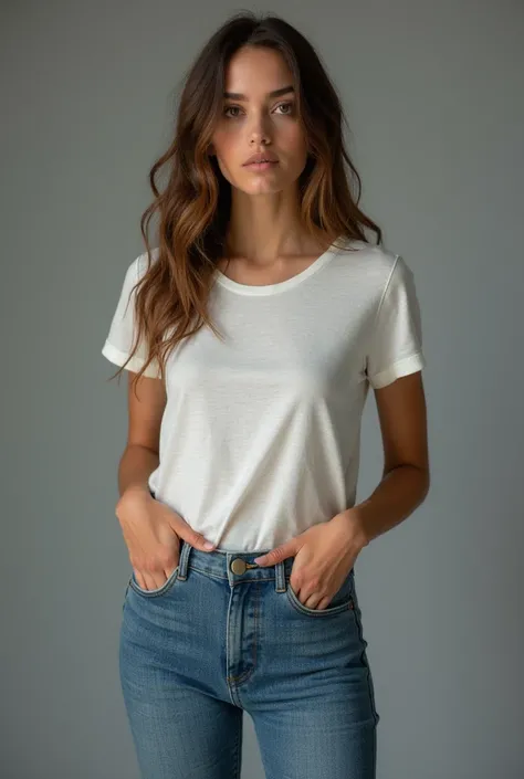 beautiful woman,  standing straight facing forward,with white t-shirt, denim jeans pants, on a greyish background, cotton t-shirt texture, fitted t-shirt, round neck, striped tights. Medium camera shot.