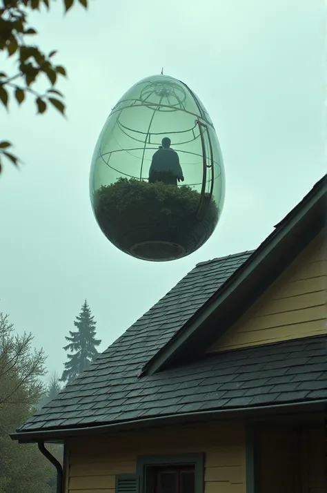 A egg like transparent shell chamber looks like some outer spacecraft. As small to hold one person. Falls on the roof of a house 