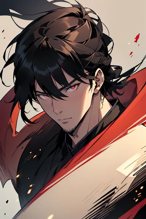 mature male, male an age, ((Masculine)), Masterpiece, Best Quality, Realistic, 1 Man, Male Focus, Ah Tall, Muscular, Long Wavy Black Hair, Flying Bangs, Red Eyes, Red Chinese Hanfu, Portrait, Extremely Detailed Faces, Background