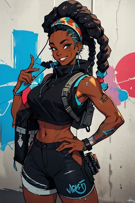 a black girl graffiti artist, dj, music, Black and blue dreadlocks, urban, Snapback tiene, vigilante, vibrant fan art, schoolbag, hip hop, sleeveless, in ear headphones, music, sexy, tight clothing smiling,  fit, hot, sweaty, blue piercing,( masterpiece) (...