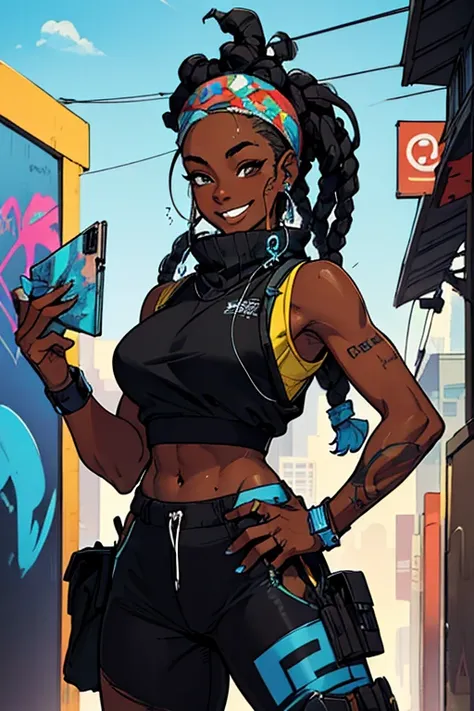 a black girl graffiti artist, dj, music, Black and blue dreadlocks, urban, Snapback tiene, vigilante, vibrant fan art, schoolbag, hip hop, sleeveless, in ear headphones, music, sexy, tight clothing smiling,  fit, hot, sweaty, blue piercing,( masterpiece) (...