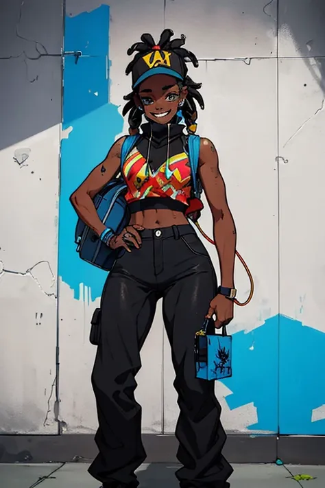 a black girl graffiti artist, dj, music, Black and blue dreadlocks, urban, Snapback tiene, vigilante, vibrant fan art, schoolbag, hip hop, sleeveless, in ear headphones, music, sexy, tight clothing smiling,  fit, hot, sweaty, blue piercing,( masterpiece) (...