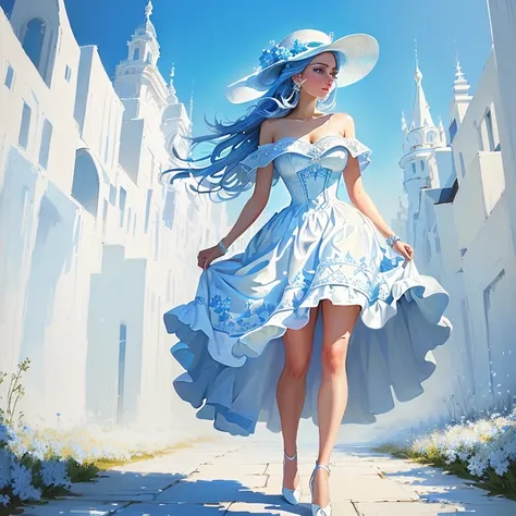 painting of a woman in a white dress and hat, walking along the path, white and blue, Dressed in blue, dmitry spiros, blue and white dress, blue white color, Elegant lady, Blue and White, beautiful picture, Blue and White tones, Magnificent picture, Elegan...