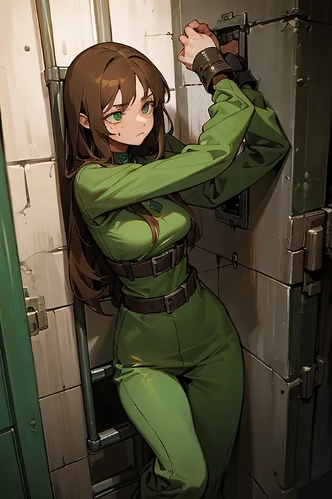 a female prisoner with long brown hair, bound hands and feet, wearing a bloodied green top and bottom, with a control device around her neck, locked in a prison cell