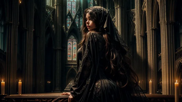 A sexy nun with seductive eyes and pouty lips, wearing a revealing black lace gown and high heels, gracefully poses in a dimly lit cathedral. Her long, wavy hair cascades down her back, framing her alluring face. The detailed folds of her gown create a sen...