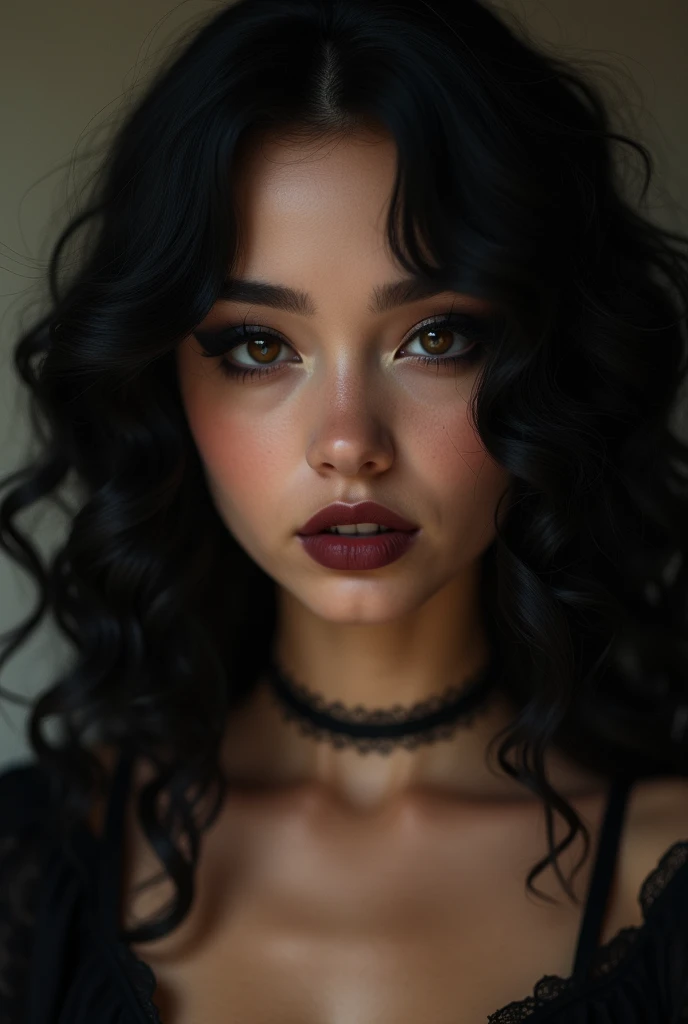 a young woman&#39;s face with black hair , big and long curls, dark brown eyes, wine colored lips, smoky eye makeup with gothic aura, Face a little chubby, brown skin tone