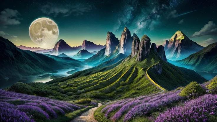 ((masterpiece)),((Highest quality)),((High Detail)),nobody,background,Side mountain by groove々A fantastical and fantastical landscape unfolds, split in half., Surrealist landscapes, Mystical Night, Bright full moon, Magic Light , Neon Light, The magic of l...