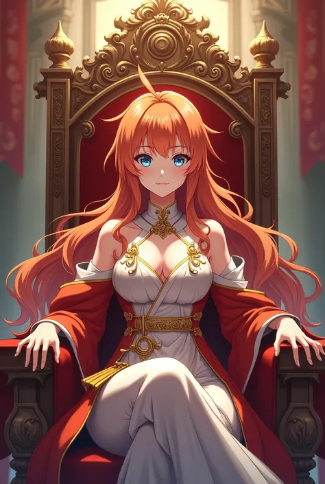 a female emperor sitting on the throne, orange hair, blue eyes, side bangs, anime character