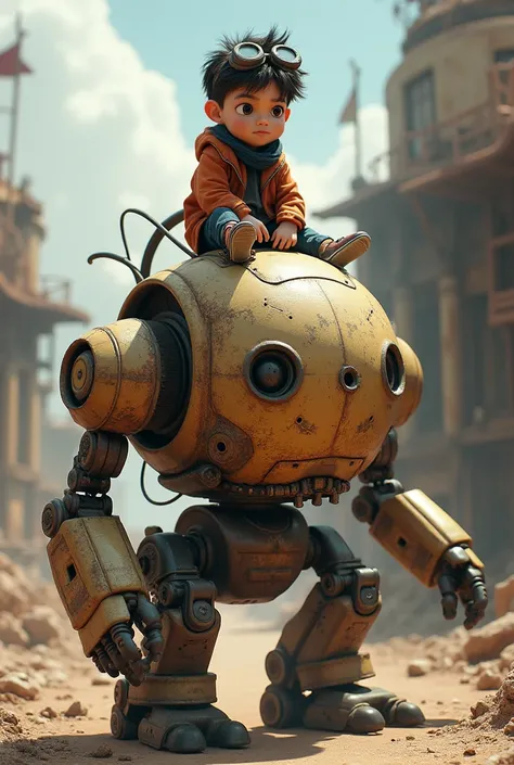 Boy sitting on old bot
