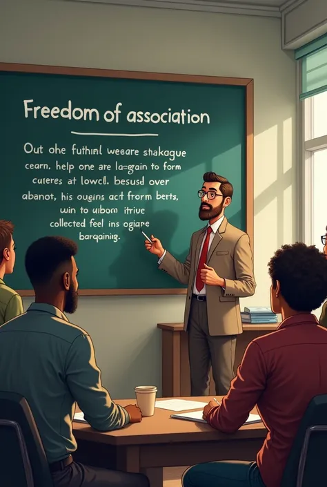 Viñeta 1: Introduction to Freedom of Association

(scene: A group of workers are gathered in an office. A character with a blackboard explains something to others.)

character 1 (On the blackboard): “Today we are going to learn about freedom of association...