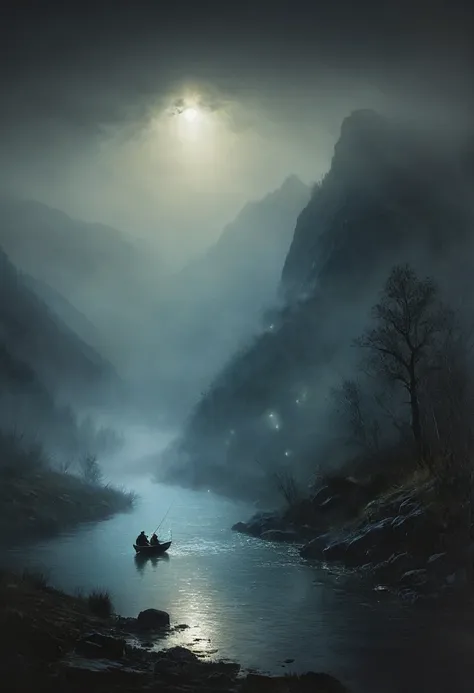 painting of a fishing on a mountain river early in the morning in the fog, dark atmosphere, cinematic scene, volumetric lights, ultra realistic, in the style of nicola samori