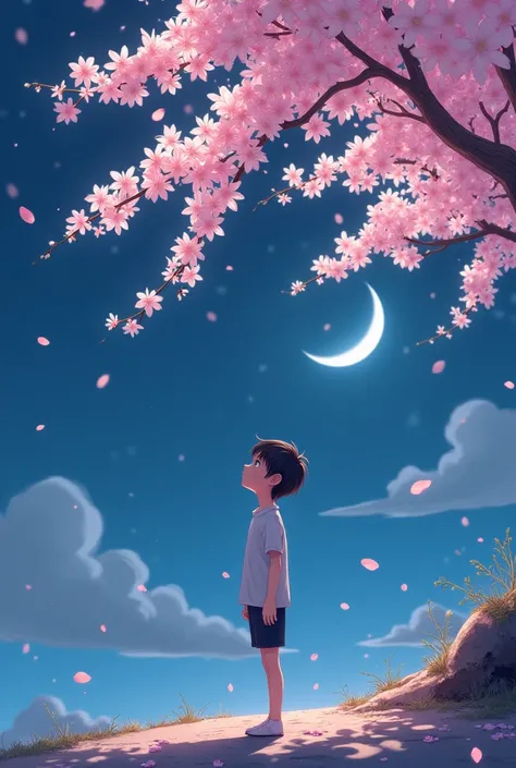 boy under sakura,night,light
