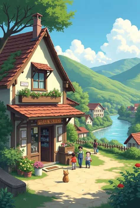 ghibli pharmacy in a rural area peaceful vibes with people chiking 