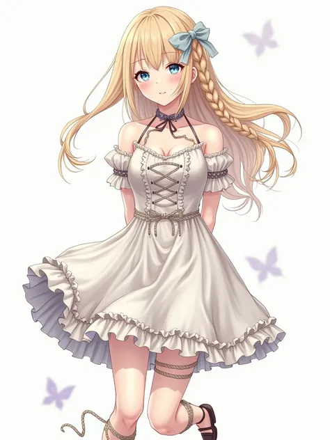 HiroyaOku2023, manga,, Ultra detailed, masterpiece, Best quality, One, soft smile, slight smile,
1 girl, Blue eyes, Very long hair, blonde hair, long blonde hair, french braid, bang, medium breast,
hair ribbon, Ruffled Choker, criss-cross halter, sleeveles...