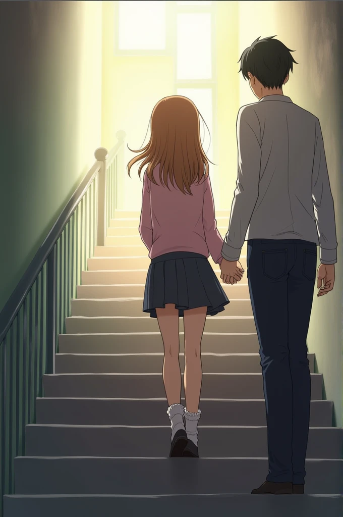 anime girl cute walking up stairs from behind holding hands with guy on the right 