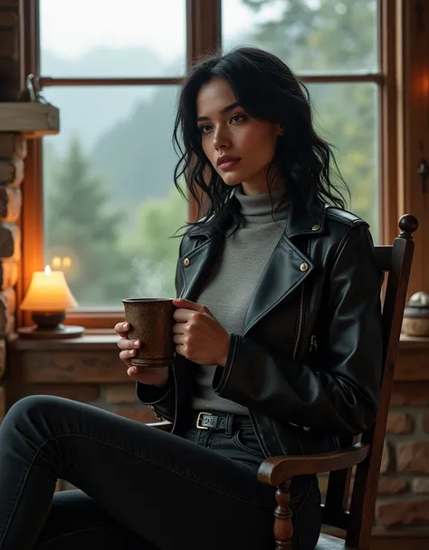 The woman is wearing a sleek, black leather jacket layered over a light grey, fitted turtleneck sweater and dark skinny jeans. Her black hair is styled in loose waves that cascade over her shoulders. She sits comfortably in a vintage wooden chair, cradling...