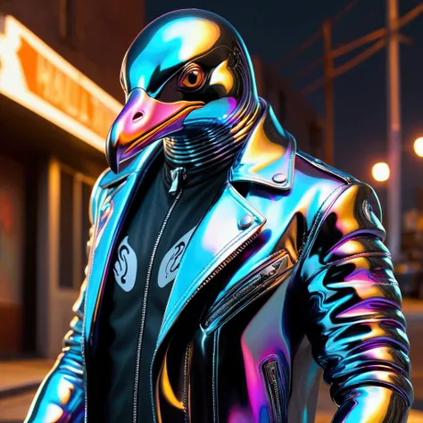 Holographic polished Liquid metallic steel molded into the shape of an extremely badass holographic polished liquid metallic steel penguin completely possessed by a deadly Terminator, solo, beautifully detailed face, cool face, neon colors, colorful, high ...