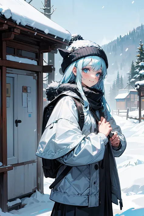 (masterpiece, best quality:1.3), 8K, illustration, super detailed, highly detailed, (cowboy shot), 1girl, solo, light blue hair, long hair, winter hat, wearing backpack, (animal, white horse, white hair), standing side by side, ((snow fall)), winter season...