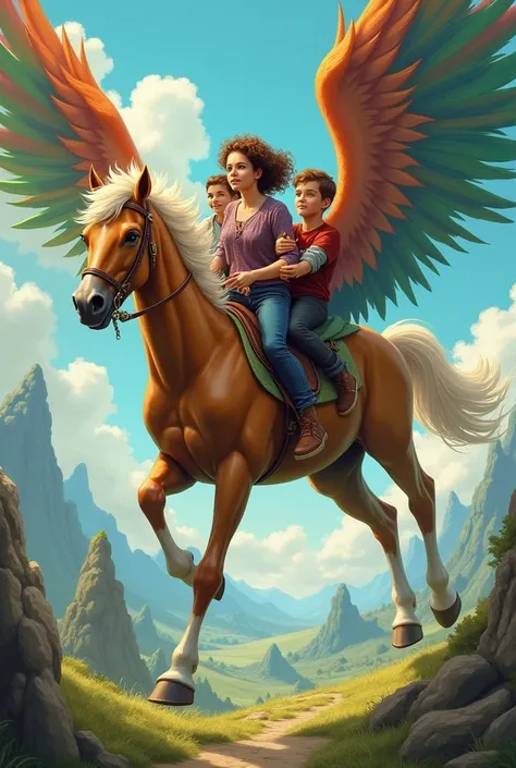 Mrs. Whatsit turn into beautiful horse with colourful wings. On the back of the horse , Meg the girl wearing glasses with curly brown hair, 
a boy 
 and  thin boy 
I need 3 kids Meg Charles and Calvin 
