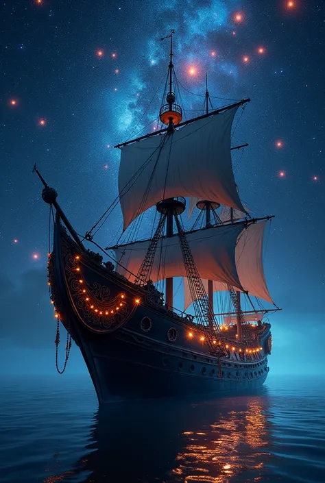 A realistic photo of a Portuguese black ship drifting in the middle of a starry sky, Celestial, Colorful stars々Shining night sky, Fantasy Theme, Cinema Lighting, Vivid lighting