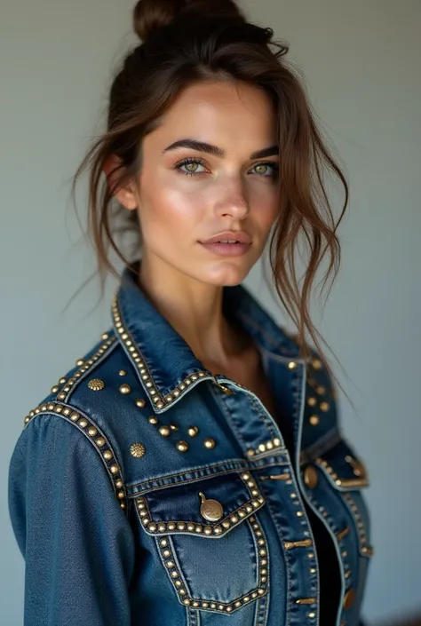 European female model wearing studded denim jacket. 