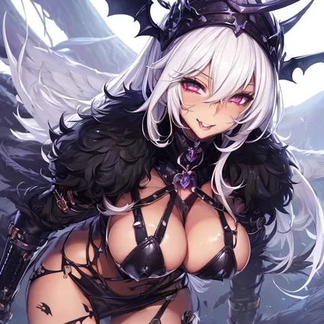 realistic photo of slaved_(savage, tribal, jungle)_vampire with (white hair), bat fur, coat|wings, ((fangs)), colorful extremely_detailed_(tribal, jungle)_tight_(lacy, leather, fur, silk, satin, latex)_(clothing, skirt), high collar, detailed face, detaile...