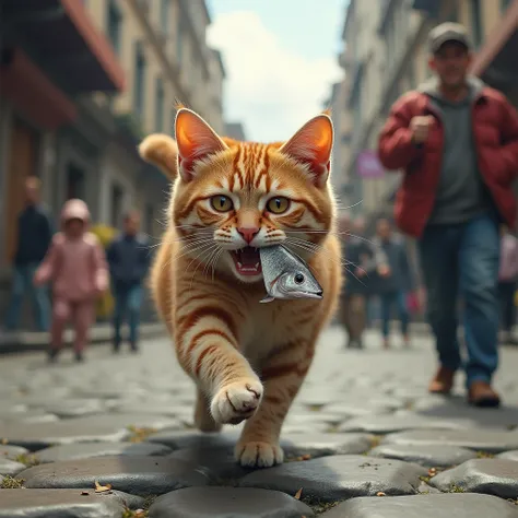 (Photorealism:1.2), Beautiful cat, running down the street, Fish in mouth, Desperate man chasing a cat, Streets full of people, detailed feature, Ultra-realistic,