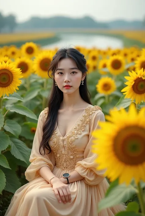 Beautiful Korean girl with white skin. Well-groomed face, straight black hair tied up, very elegant long dress decorated with sunflower motifs, cool watch, sitting among sunflower plants that are blooming beautifully, the background of the river and sunflo...