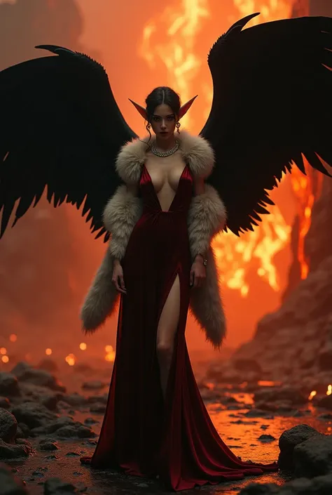 Long dress with pearl necklace and fur in 20s style , elf ears, cleavage, thigh, sexy, wide black wings, hell, lava setting, fire