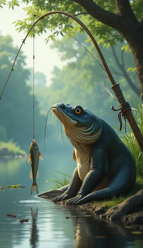 Sitting catfish by the pond, a fish catches people on a rod. Realistický pohled.